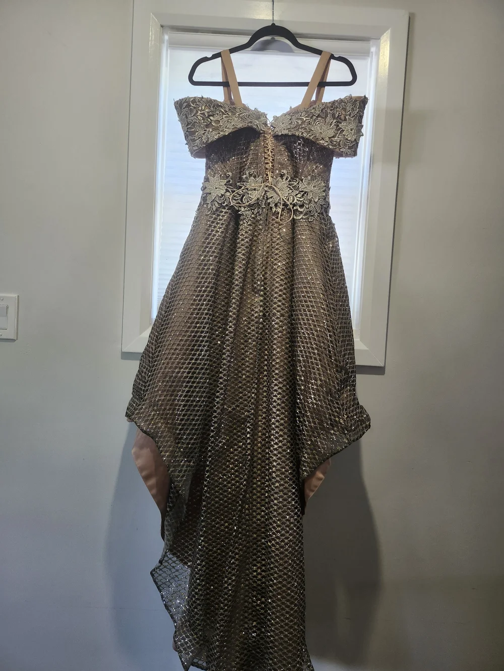 Off-Shoulder Metallic Bronze High-Low Cocktail Dress - Picture 2 of 5